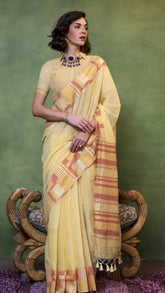 Yellow and Red Line Patterned Handloom Cotton Saree